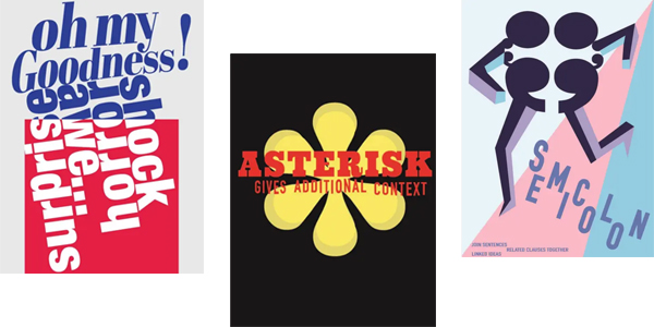 Several posters showing graphic design projects including such tag lines as 